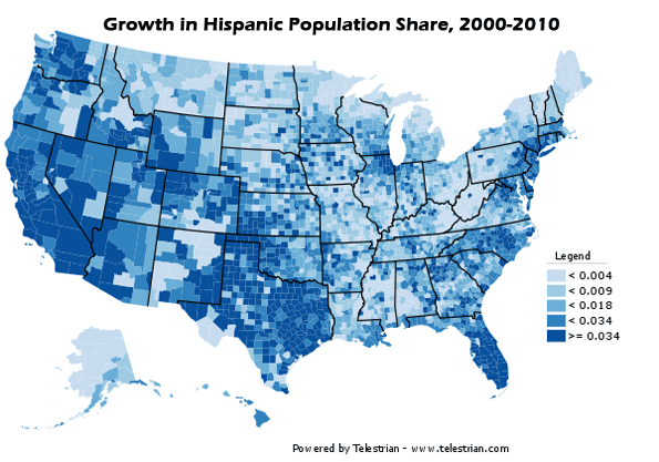 Hispanic population as change in percentage of total population 20002010