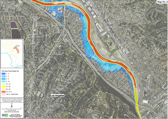 LA City Bureau of Engineering projection of 100-year flood in Frogtown neighborhood, also known as Elysian Valley